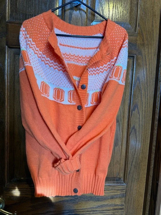 Orange and White Knit Cardigan Sweater Halloween or Thanksgiving - Picture 2 of 3